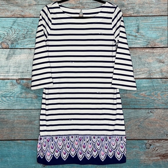 Lilly Pulitzer Bay Dress S Mini 3/4 Serene Stripe Logo Blue White Design Hem - Picture 1 of 10